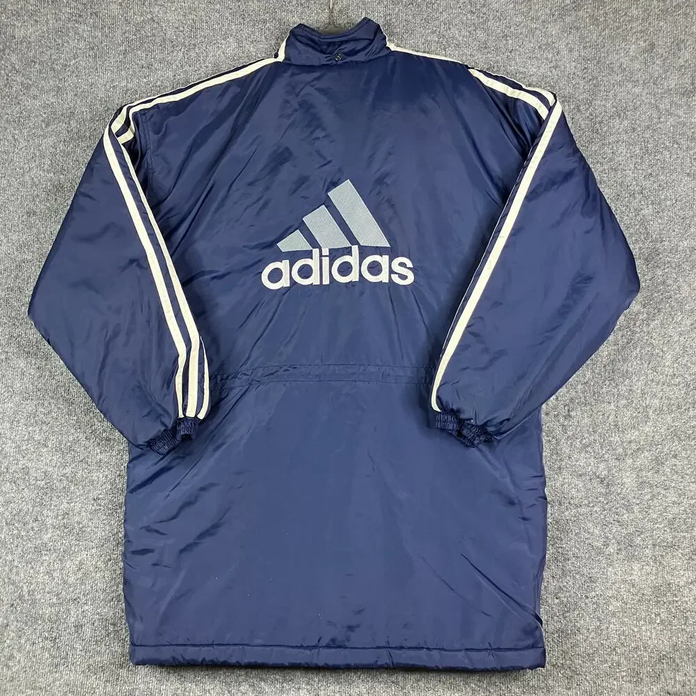 Adidas Jacket Mens Size Large Navy Blue Longline Puffer Coat‎ Striped Sleeve